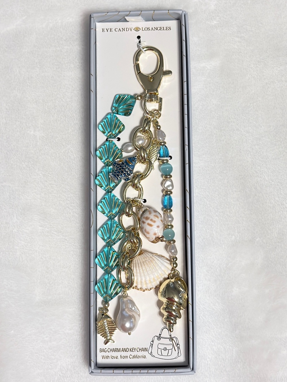 Eye Candy Los Angeles Teal Shell and Gold Bag Charm Keychain